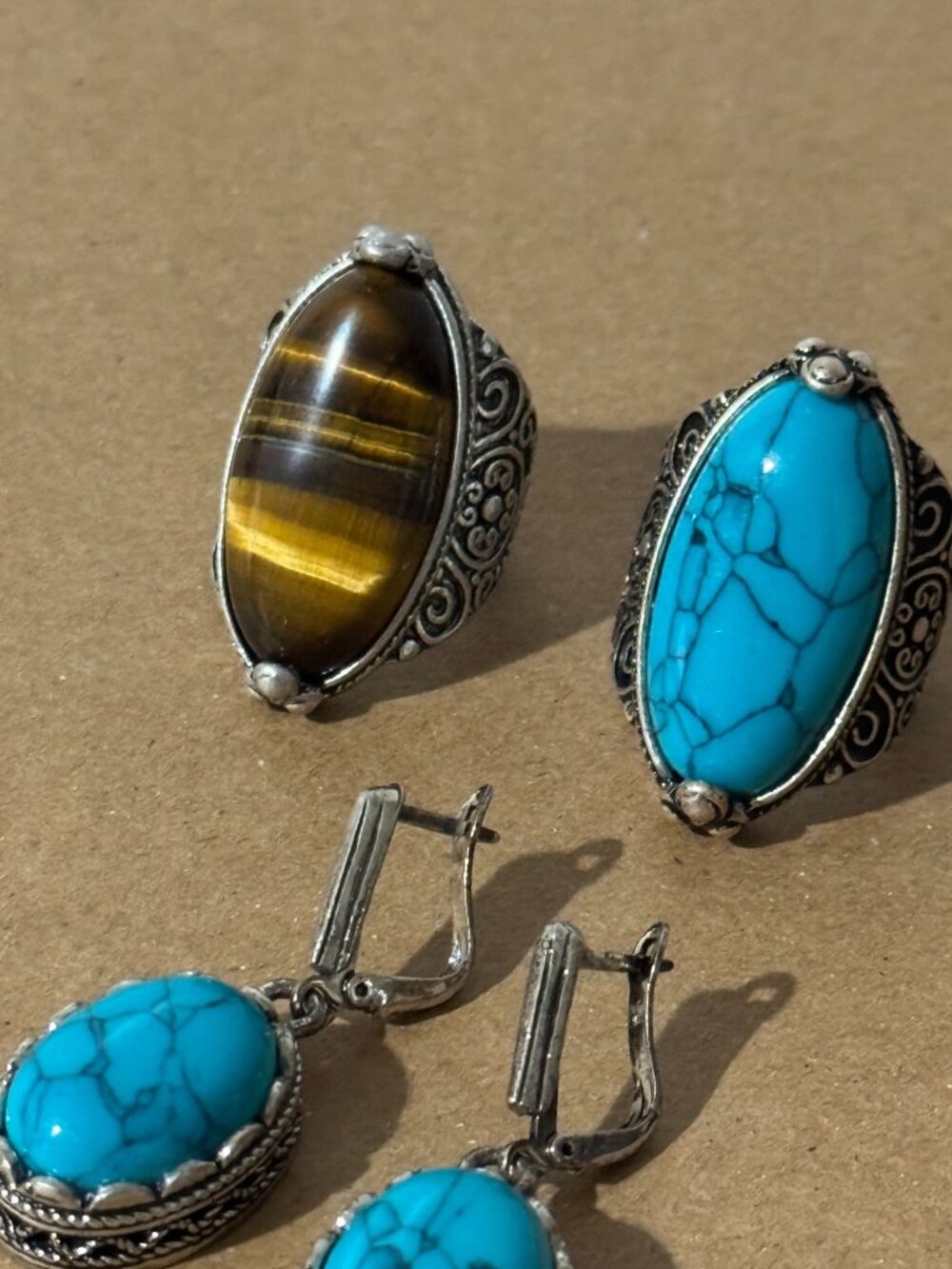 Beonon Tiger Eye Natural Gemstone Sterling Silver Rings Earrings Set